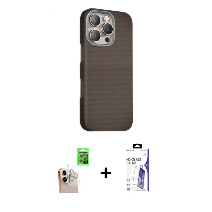 MARSİLYAN™- iPhone 16 Pro Max Kılıf Kozmos Klasik Prime - Siyah Bilvis 3X AR HD Cam Ekran Koruyucu + Raze Metal Kamera Lens - NLGY
