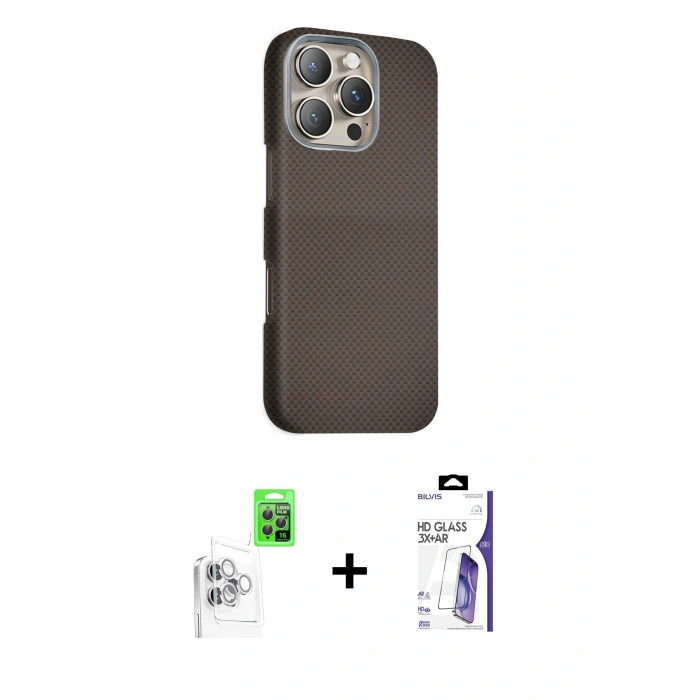 MARSİLYAN™- iPhone 16 Pro Max Kılıf Kozmos Klasik Prime - Siyah Bilvis 3X AR HD Cam Ekran Koruyucu + Raze Metal Kamera Lens - BZ