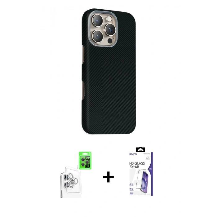 MARSİLYAN™- iPhone 16 Pro Max Kılıf Kozmos Klasik Prime - Siyah Bilvis 3X AR HD Cam Ekran Koruyucu + Raze Metal Kamera Lens - BZ