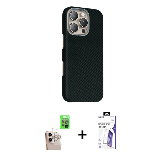 MARSİLYAN™- iPhone 16 Pro Max Kılıf Kozmos Klasik Prime - Siyah Bilvis 3X AR HD Cam Ekran Koruyucu + Raze Metal Kamera Lens - NLGY