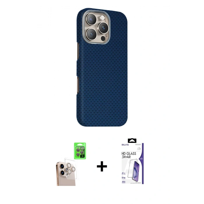 MARSİLYAN™- iPhone 16 Pro Max Kılıf Kozmos Klasik Prime - Siyah Bilvis 3X AR HD Cam Ekran Koruyucu + Raze Metal Kamera Lens - NLGY
