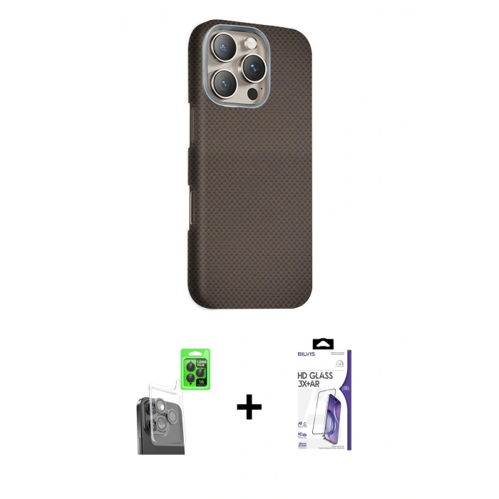 MARSİLYAN™- iPhone 16 Pro Max Kılıf Kozmos Klasik Prime - Siyah Bilvis 3X AR HD Cam Ekran Koruyucu + Raze Metal Kamera Lens - SH