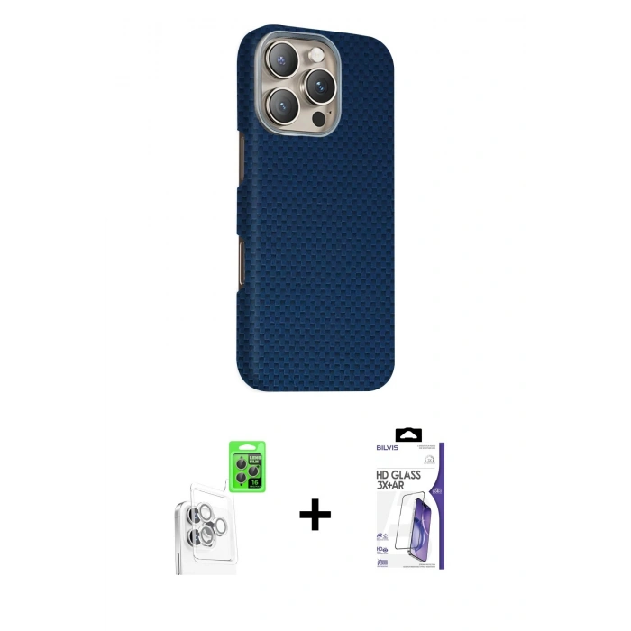 MARSİLYAN™- iPhone 16 Pro Max Kılıf Kozmos Klasik Prime - Siyah Bilvis 3X AR HD Cam Ekran Koruyucu + Raze Metal Kamera Lens - BZ