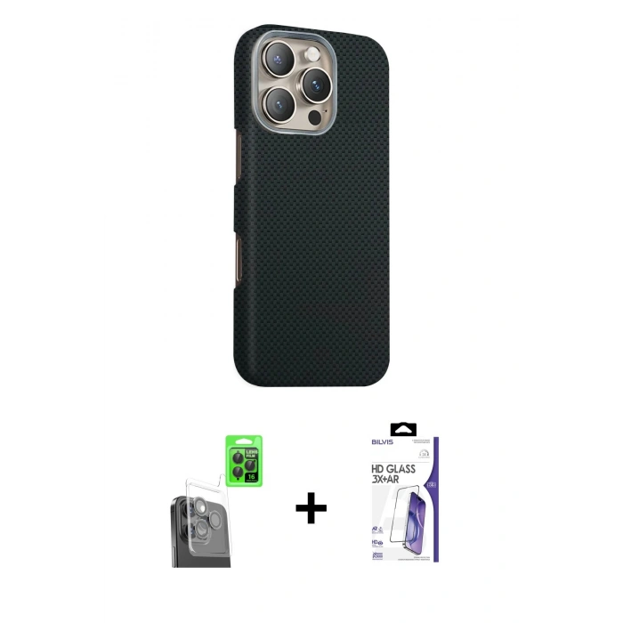 MARSİLYAN™- iPhone 16 Pro Max Kılıf Kozmos Klasik Prime - Siyah Bilvis 3X AR HD Cam Ekran Koruyucu + Raze Metal Kamera Lens - SH