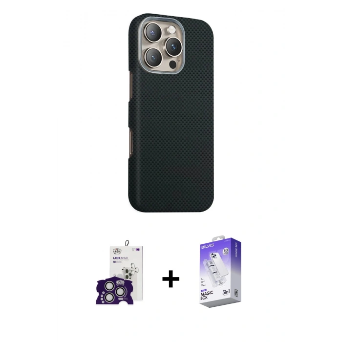 MARSİLYAN™- iPhone 16 Pro Max Kılıf Kozmos Klasik Prime - Siyah Bilvis 5in1 3D Magic Cam Ekran Koruyucu + Bilvis Titan Kamera Lens - GS