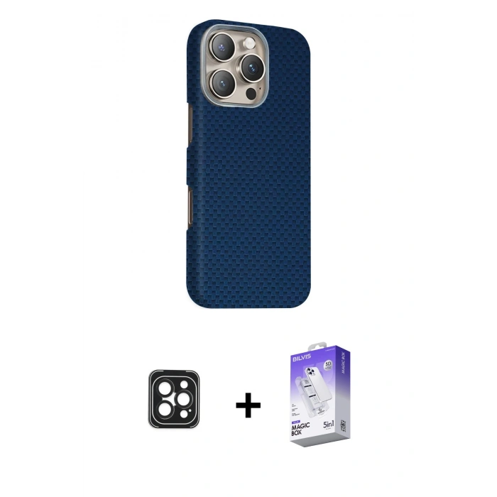 MARSİLYAN™- iPhone 16 Pro Max Kılıf Kozmos Klasik Prime - Siyah Bilvis 5in1 3D Magic Cam Ekran Koruyucu + PVD Metal Kamera Lens - SH