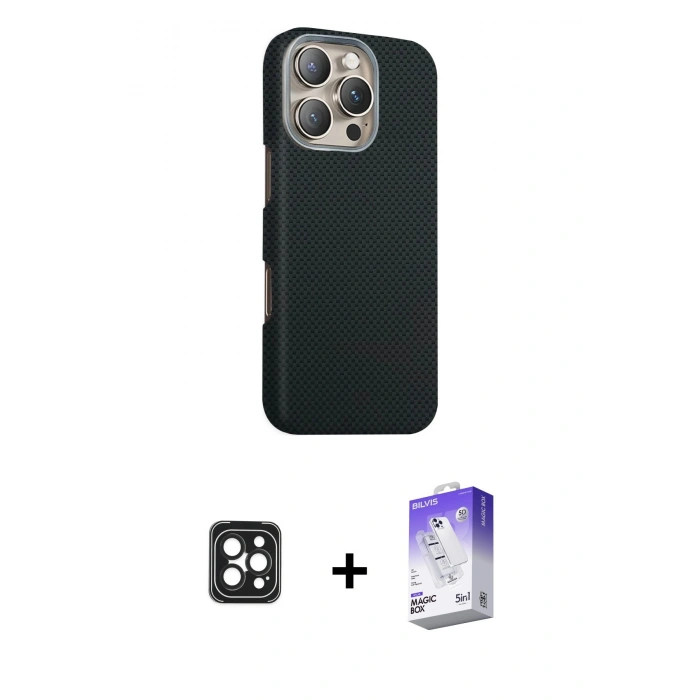 MARSİLYAN™- iPhone 16 Pro Max Kılıf Kozmos Klasik Prime - Siyah Bilvis 5in1 3D Magic Cam Ekran Koruyucu + PVD Metal Kamera Lens - SH