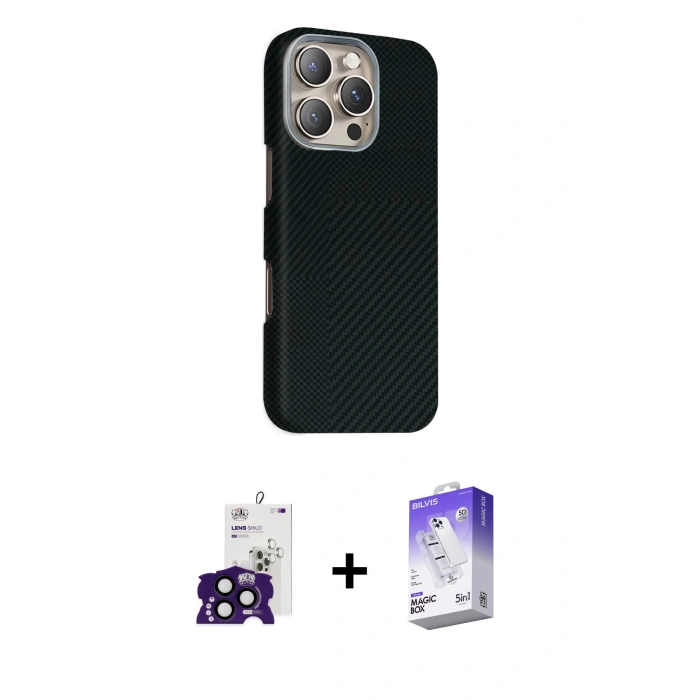 MARSİLYAN™- iPhone 16 Pro Max Kılıf Kozmos Klasik Prime - Siyah Bilvis 5in1 3D Magic Cam Ekran Koruyucu + Bilvis Titan Kamera Lens - SH