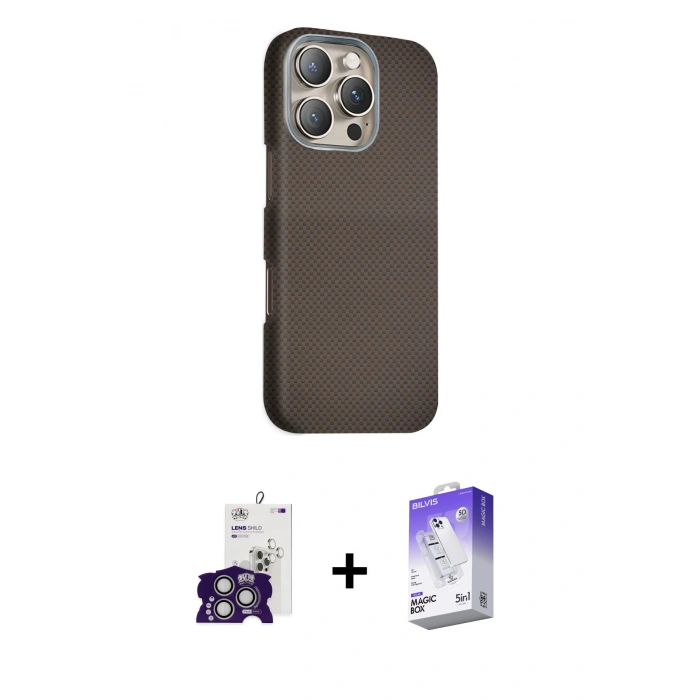 MARSİLYAN™- iPhone 16 Pro Max Kılıf Kozmos Klasik Prime - Siyah Bilvis 5in1 3D Magic Cam Ekran Koruyucu + Bilvis Titan Kamera Lens - GS