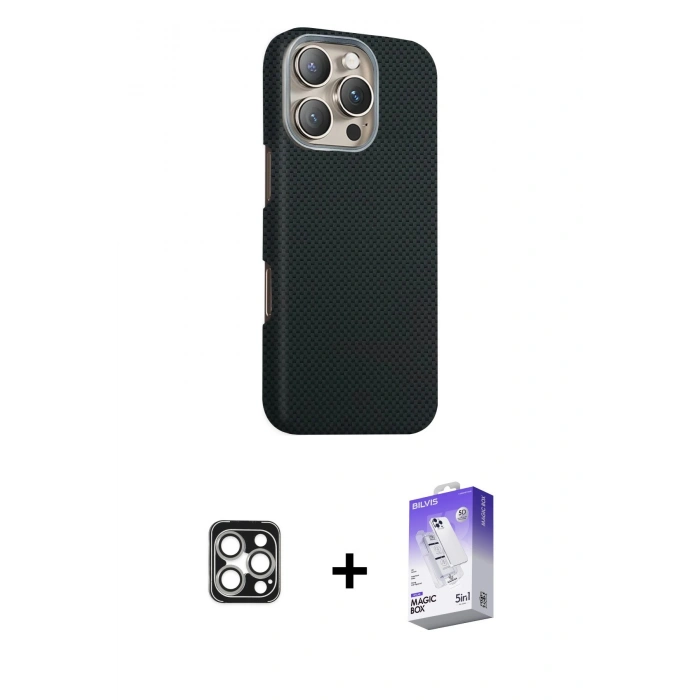 MARSİLYAN™- iPhone 16 Pro Max Kılıf Kozmos Klasik Prime - Siyah Bilvis 5in1 3D Magic Cam Ekran Koruyucu + PVD Metal Kamera Lens - GS