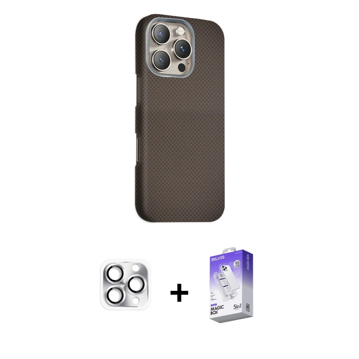 MARSİLYAN™- iPhone 16 Pro Max Kılıf Kozmos Klasik Prime - Siyah Bilvis 5in1 3D Magic Cam Ekran Koruyucu + Pers Alüminyum Kamera Lens - GS