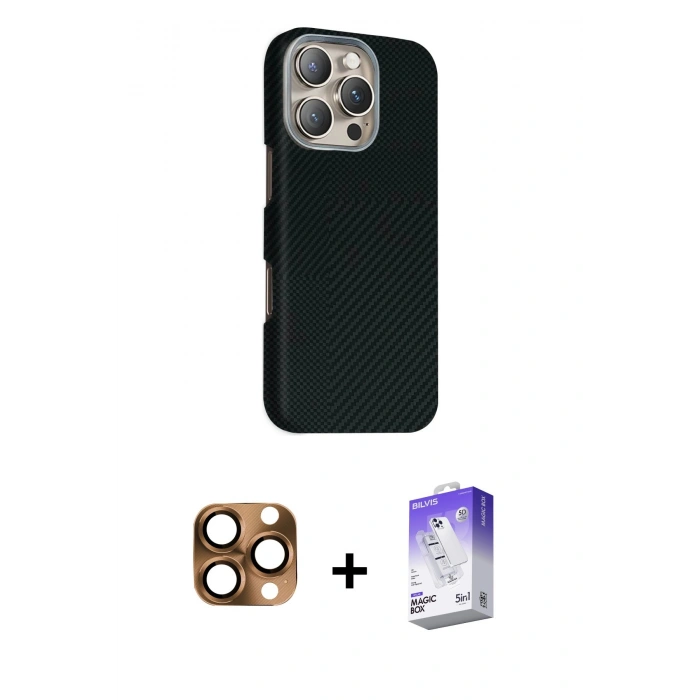MARSİLYAN™- iPhone 16 Pro Max Kılıf Kozmos Klasik Prime - Siyah Bilvis 5in1 3D Magic Cam Ekran Koruyucu + Pers Alüminyum Kamera Lens - CLTM