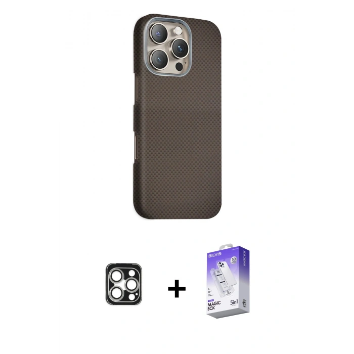 MARSİLYAN™- iPhone 16 Pro Max Kılıf Kozmos Klasik Prime - Siyah Bilvis 5in1 3D Magic Cam Ekran Koruyucu + PVD Metal Kamera Lens - GS