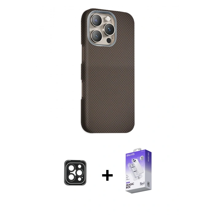 MARSİLYAN™- iPhone 16 Pro Max Kılıf Kozmos Klasik Prime - Siyah Bilvis 5in1 3D Magic Cam Ekran Koruyucu + PVD Metal Kamera Lens - SH