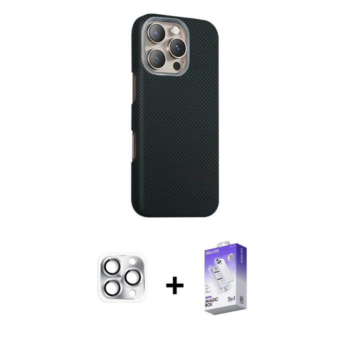 MARSİLYAN™- iPhone 16 Pro Max Kılıf Kozmos Klasik Prime - Siyah Bilvis 5in1 3D Magic Cam Ekran Koruyucu + Pers Alüminyum Kamera Lens - GS