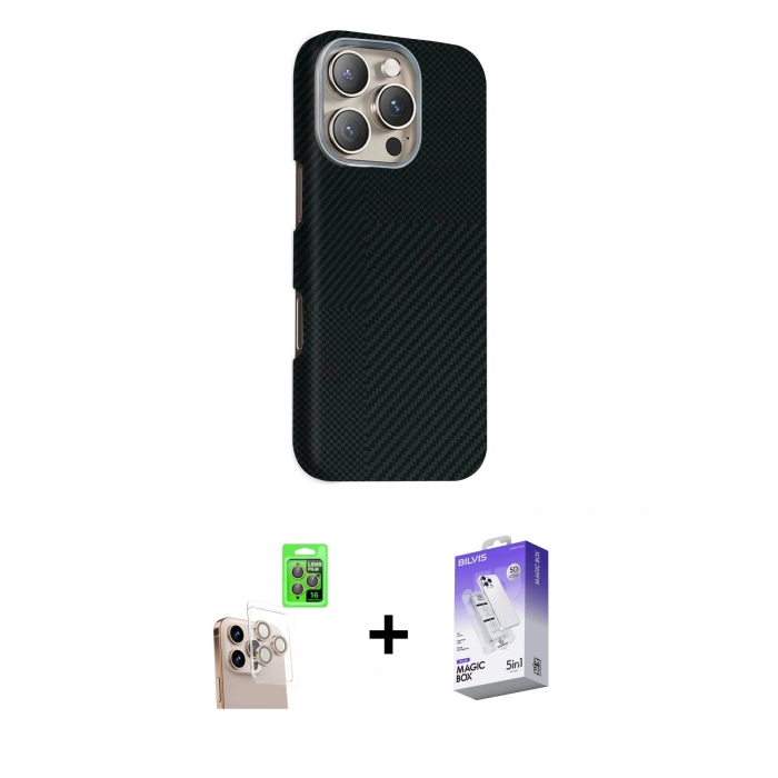 MARSİLYAN™- iPhone 16 Pro Max Kılıf Kozmos Klasik Prime - Siyah Bilvis 5in1 3D Magic Cam Ekran Koruyucu + Raze Metal Kamera Lens - NLGY