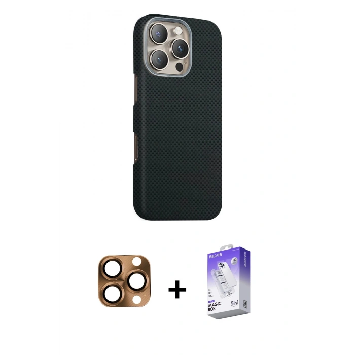 MARSİLYAN™- iPhone 16 Pro Max Kılıf Kozmos Klasik Prime - Siyah Bilvis 5in1 3D Magic Cam Ekran Koruyucu + Pers Alüminyum Kamera Lens - CLTM