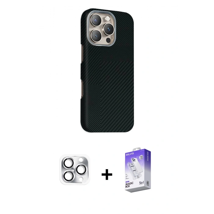 MARSİLYAN™- iPhone 16 Pro Max Kılıf Kozmos Klasik Prime - Siyah Bilvis 5in1 3D Magic Cam Ekran Koruyucu + Pers Alüminyum Kamera Lens - GS