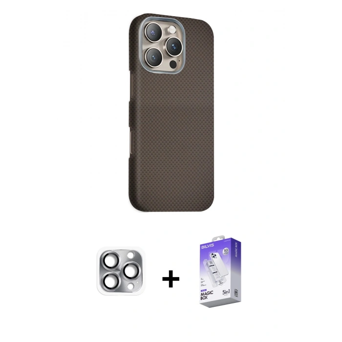 MARSİLYAN™- iPhone 16 Pro Max Kılıf Kozmos Klasik Prime - Siyah Bilvis 5in1 3D Magic Cam Ekran Koruyucu + Pers Alüminyum Kamera Lens - GI