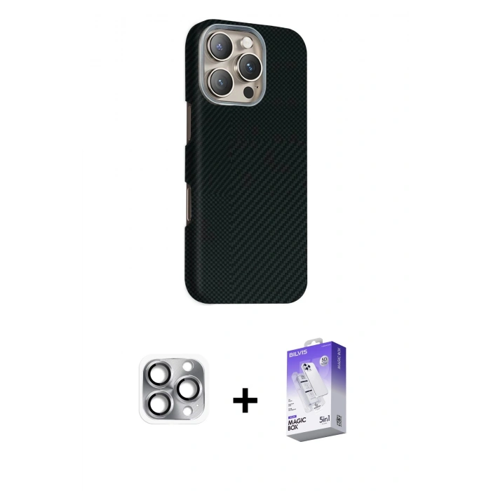 MARSİLYAN™- iPhone 16 Pro Max Kılıf Kozmos Klasik Prime - Siyah Bilvis 5in1 3D Magic Cam Ekran Koruyucu + Pers Alüminyum Kamera Lens - GI