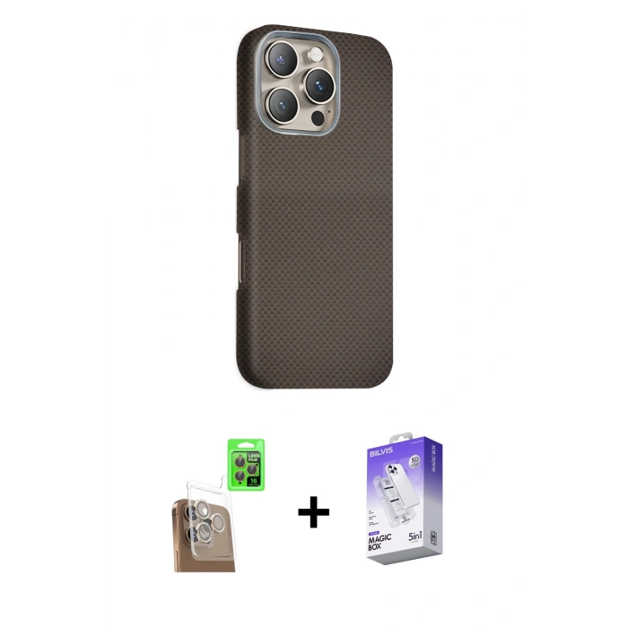 MARSİLYAN™- iPhone 16 Pro Max Kılıf Kozmos Klasik Prime - Siyah Bilvis 5in1 3D Magic Cam Ekran Koruyucu + Raze Metal Kamera Lens - CLTM