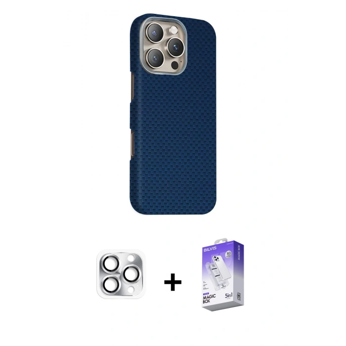 MARSİLYAN™- iPhone 16 Pro Max Kılıf Kozmos Klasik Prime - Siyah Bilvis 5in1 3D Magic Cam Ekran Koruyucu + Pers Alüminyum Kamera Lens - GS