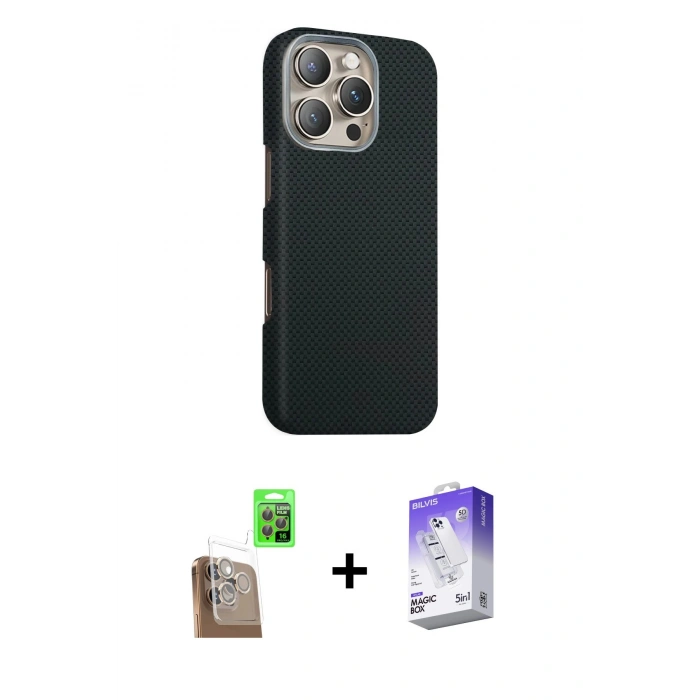 MARSİLYAN™- iPhone 16 Pro Max Kılıf Kozmos Klasik Prime - Siyah Bilvis 5in1 3D Magic Cam Ekran Koruyucu + Raze Metal Kamera Lens - CLTM