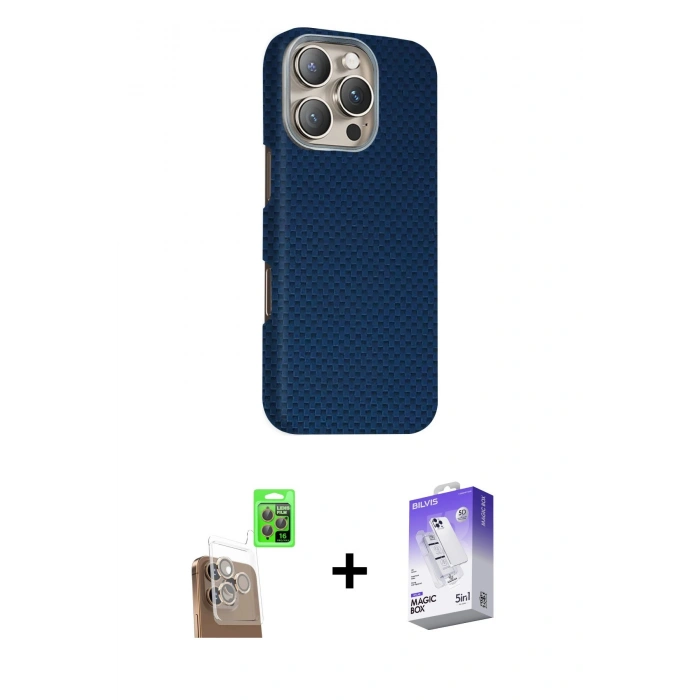 MARSİLYAN™- iPhone 16 Pro Max Kılıf Kozmos Klasik Prime - Siyah Bilvis 5in1 3D Magic Cam Ekran Koruyucu + Raze Metal Kamera Lens - CLTM