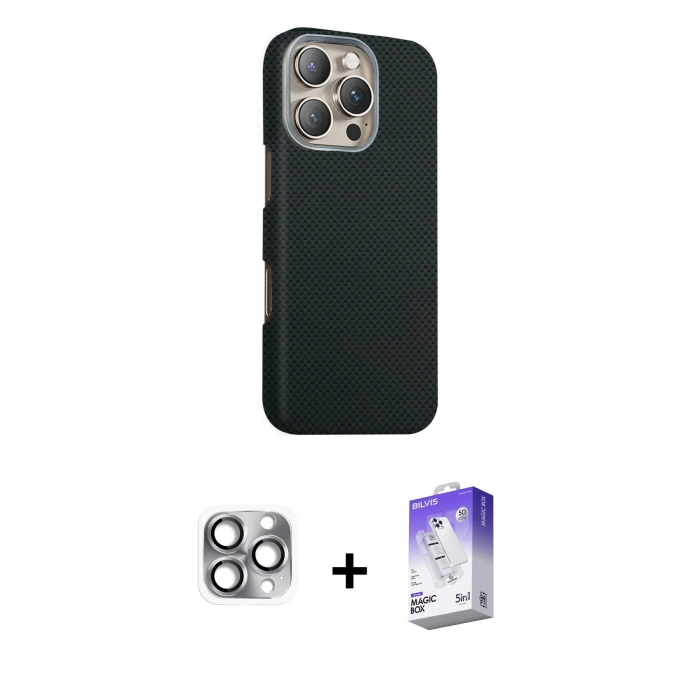 MARSİLYAN™- iPhone 16 Pro Max Kılıf Kozmos Klasik Prime - Siyah Bilvis 5in1 3D Magic Cam Ekran Koruyucu + Pers Alüminyum Kamera Lens - GI
