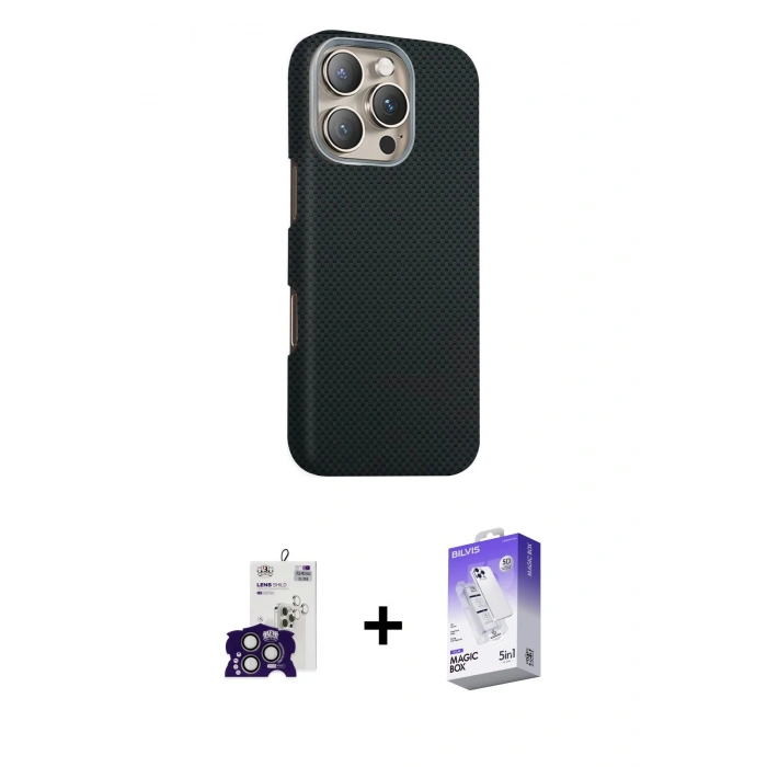 MARSİLYAN™- iPhone 16 Pro Max Kılıf Kozmos Klasik Prime - Siyah Bilvis 5in1 3D Magic Cam Ekran Koruyucu + Bilvis Titan Kamera Lens - TMGI