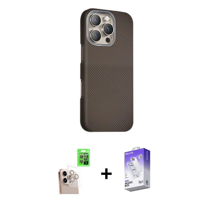 MARSİLYAN™- iPhone 16 Pro Max Kılıf Kozmos Klasik Prime - Siyah Bilvis 5in1 3D Magic Cam Ekran Koruyucu + Raze Metal Kamera Lens - NLGY