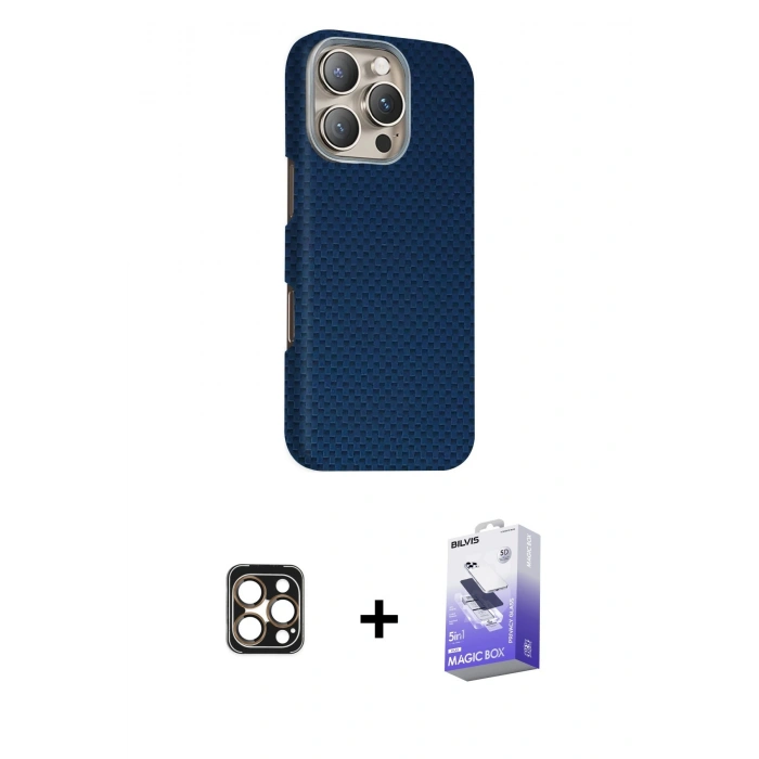 MARSİLYAN™- iPhone 16 Pro Max Kılıf Kozmos Klasik Prime - Siyah Bilvis 5in1 5D Magic Hayalet Cam Ekran Koruyucu + PVD Metal Kamera Lens - GD