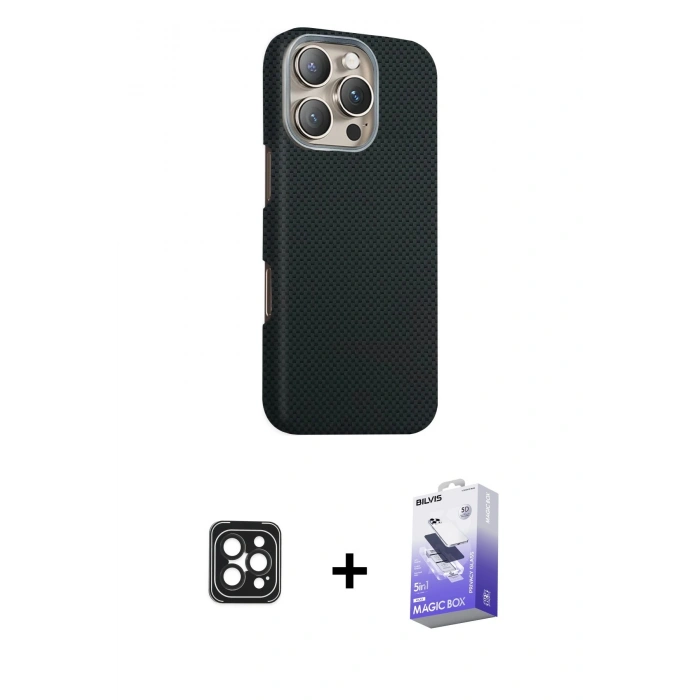MARSİLYAN™- iPhone 16 Pro Max Kılıf Kozmos Klasik Prime - Siyah Bilvis 5in1 5D Magic Hayalet Cam Ekran Koruyucu + Siyah PVD Metal Kamera Lens
