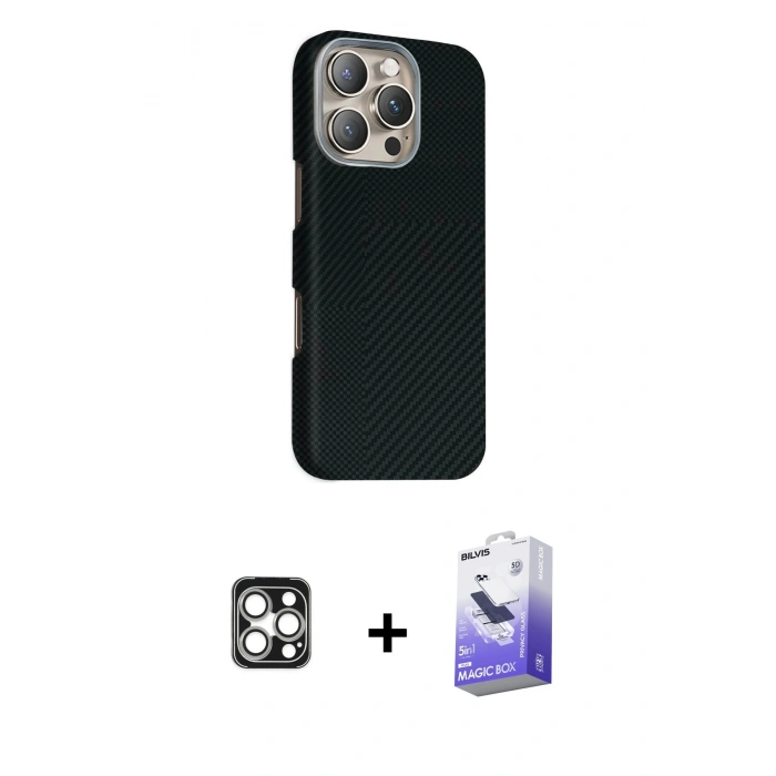 MARSİLYAN™- iPhone 16 Pro Max Kılıf Kozmos Klasik Prime - Siyah Bilvis 5in1 5D Magic Hayalet Cam Ekran Koruyucu + PVD Metal Kamera Lens - GS