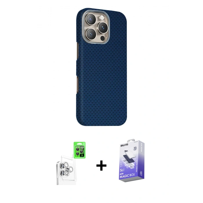MARSİLYAN™- iPhone 16 Pro Max Kılıf Kozmos Klasik Prime - Siyah Bilvis 5in1 5D Magic Hayalet Cam Ekran Koruyucu + Raze Metal Kamera Lens - BZ