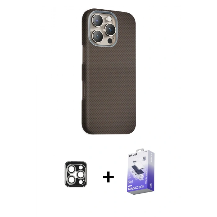 MARSİLYAN™- iPhone 16 Pro Max Kılıf Kozmos Klasik Prime - Siyah Bilvis 5in1 5D Magic Hayalet Cam Ekran Koruyucu + PVD Metal Kamera Lens - GS