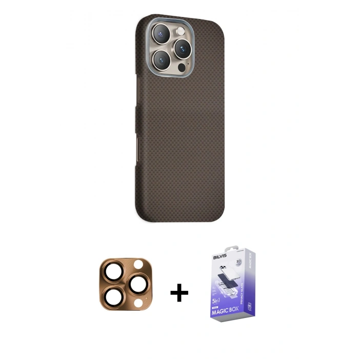 MARSİLYAN™- iPhone 16 Pro Max Kılıf Kozmos Klasik Prime - Siyah Bilvis 5in1 5D Magic Hayalet Cam Ekran Koruyucu + Pers Alüminyum Kamera Lens - CLTM