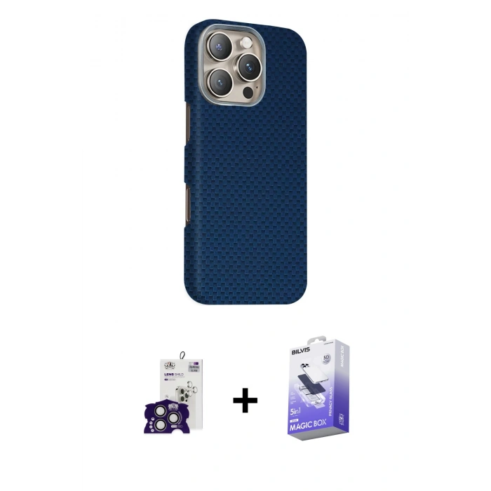 MARSİLYAN™- iPhone 16 Pro Max Kılıf Kozmos Klasik Prime - Siyah Bilvis 5in1 5D Magic Hayalet Cam Ekran Koruyucu + Titanyum Gri Bilvis Titan Kamera Lens