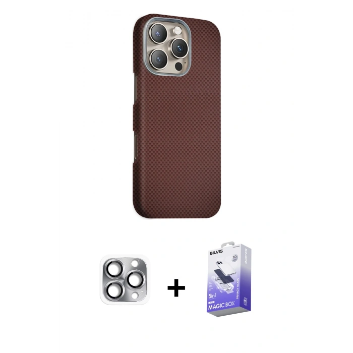 MARSİLYAN™- iPhone 16 Pro Max Kılıf Kozmos Klasik Prime - Siyah Bilvis 5in1 5D Magic Hayalet Cam Ekran Koruyucu + Gri Pers Alüminyum Kamera Lens