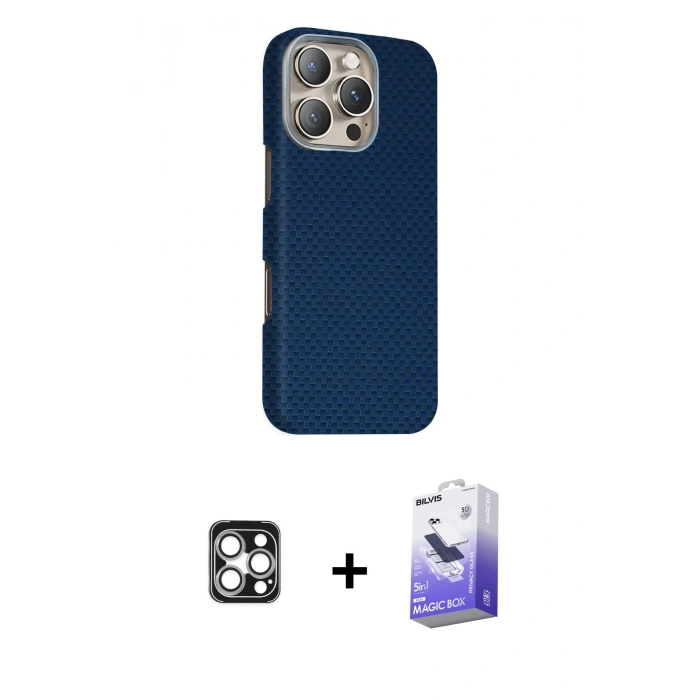 MARSİLYAN™- iPhone 16 Pro Max Kılıf Kozmos Klasik Prime - Siyah Bilvis 5in1 5D Magic Hayalet Cam Ekran Koruyucu + PVD Metal Kamera Lens - GS
