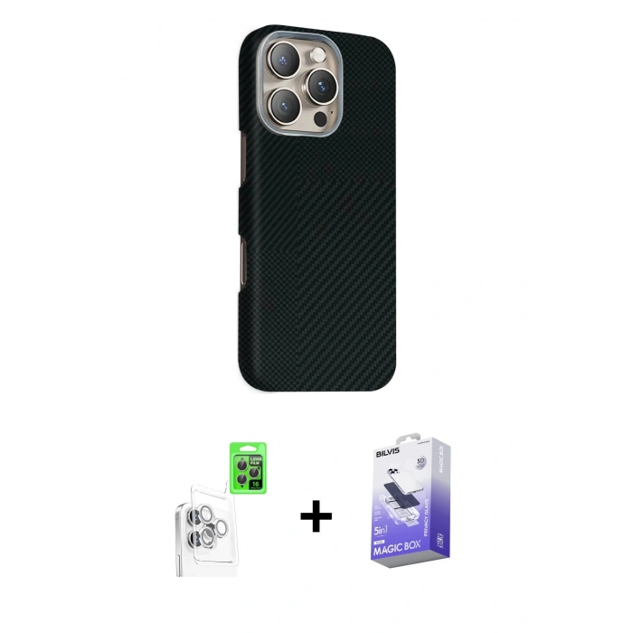 MARSİLYAN™- iPhone 16 Pro Max Kılıf Kozmos Klasik Prime - Siyah Bilvis 5in1 5D Magic Hayalet Cam Ekran Koruyucu + Raze Metal Kamera Lens - BZ