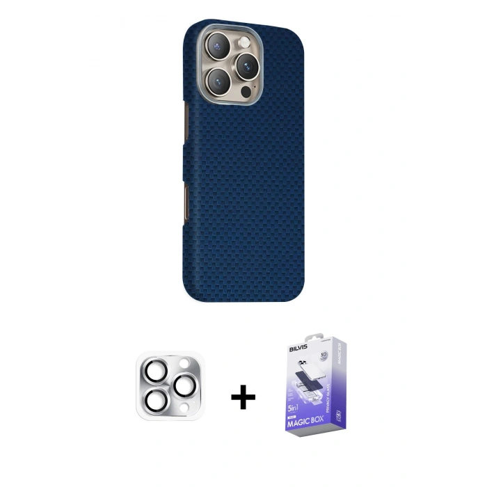 MARSİLYAN™- iPhone 16 Pro Max Kılıf Kozmos Klasik Prime - Siyah Bilvis 5in1 5D Magic Hayalet Cam Ekran Koruyucu + Pers Alüminyum Kamera Lens - GS
