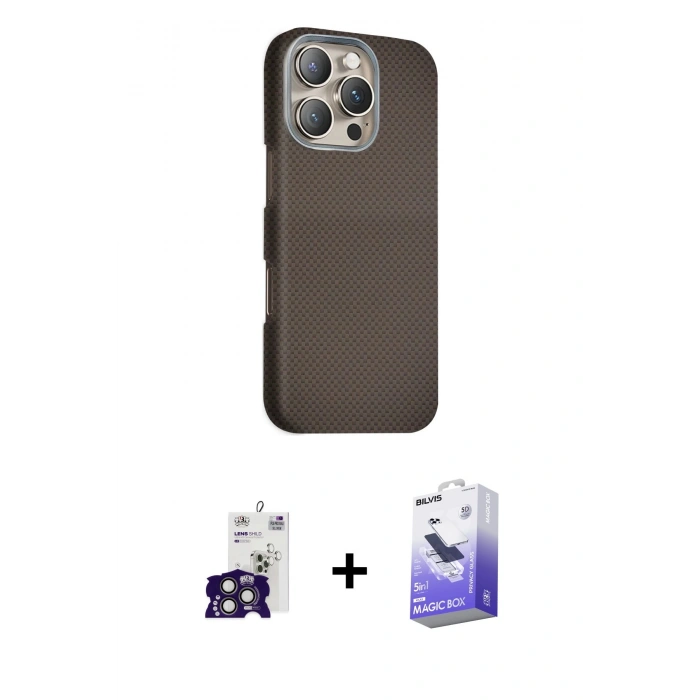 MARSİLYAN™- iPhone 16 Pro Max Kılıf Kozmos Klasik Prime - Siyah Bilvis 5in1 5D Magic Hayalet Cam Ekran Koruyucu + Titanyum Gri Bilvis Titan Kamera Lens