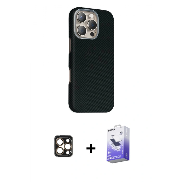 MARSİLYAN™- iPhone 16 Pro Max Kılıf Kozmos Klasik Prime - Siyah Bilvis 5in1 5D Magic Hayalet Cam Ekran Koruyucu + PVD Metal Kamera Lens - GD