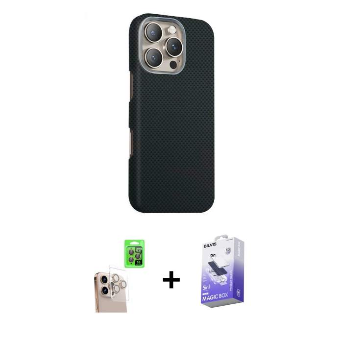 MARSİLYAN™- iPhone 16 Pro Max Kılıf Kozmos Klasik Prime - Siyah Bilvis 5in1 5D Magic Hayalet Cam Ekran Koruyucu + Raze Metal Kamera Lens - NLGY