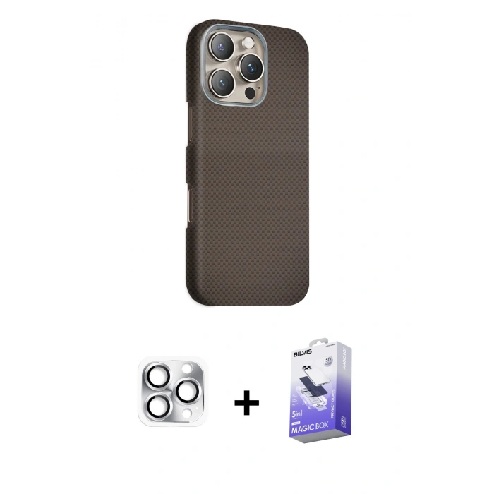 MARSİLYAN™- iPhone 16 Pro Max Kılıf Kozmos Klasik Prime - Siyah Bilvis 5in1 5D Magic Hayalet Cam Ekran Koruyucu + Pers Alüminyum Kamera Lens - GS