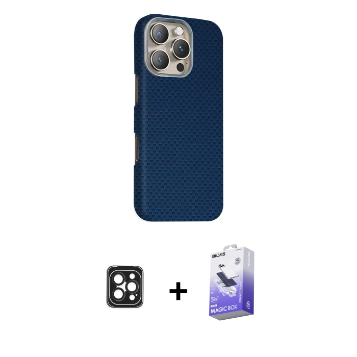 MARSİLYAN™- iPhone 16 Pro Max Kılıf Kozmos Klasik Prime - Siyah Bilvis 5in1 5D Magic Hayalet Cam Ekran Koruyucu + Siyah PVD Metal Kamera Lens