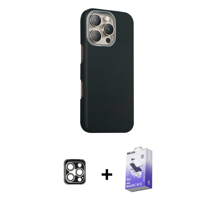 MARSİLYAN™- iPhone 16 Pro Max Kılıf Kozmos Klasik Prime - Siyah Bilvis 5in1 5D Magic Hayalet Cam Ekran Koruyucu + PVD Metal Kamera Lens - GS