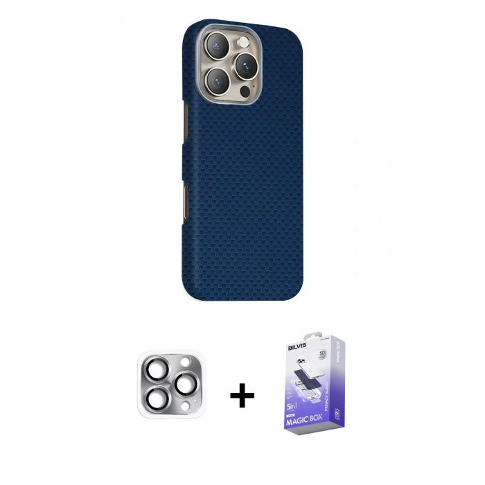 MARSİLYAN™- iPhone 16 Pro Max Kılıf Kozmos Klasik Prime - Siyah Bilvis 5in1 5D Magic Hayalet Cam Ekran Koruyucu + Gri Pers Alüminyum Kamera Lens