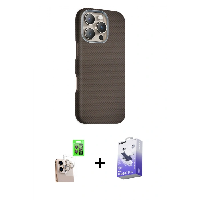 MARSİLYAN™- iPhone 16 Pro Max Kılıf Kozmos Klasik Prime - Siyah Bilvis 5in1 5D Magic Hayalet Cam Ekran Koruyucu + Raze Metal Kamera Lens - NLGY